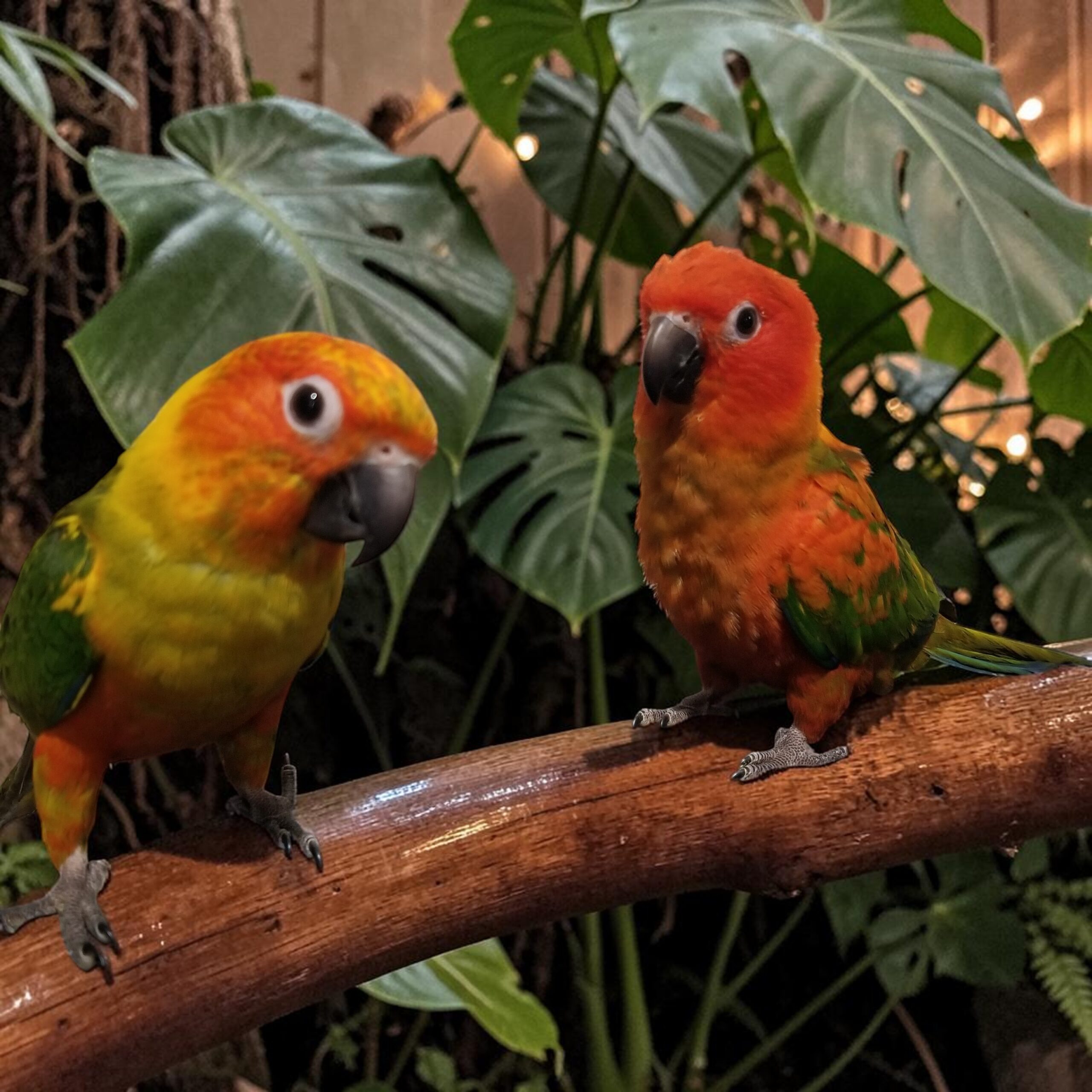 Red Factor and normal Sun Conure chicks — baby birds — HFFN member breeding program on Oʻahu