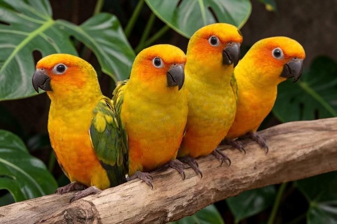 Sun Conures — vivid orange and yellow plumage — HFFN member birds on Oʻahu