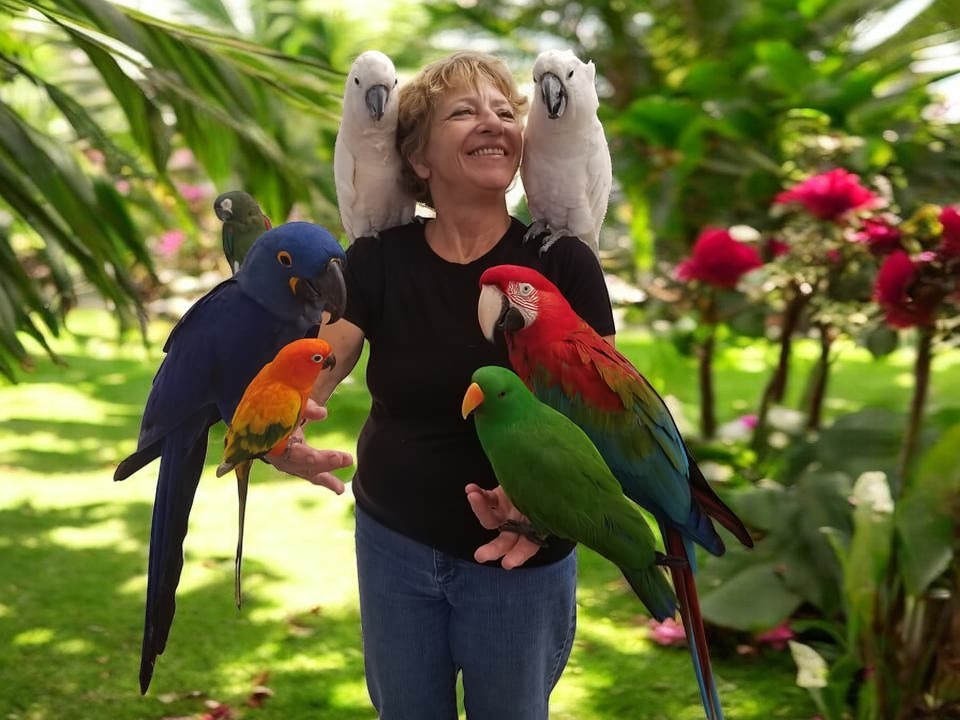 HFFN member with parrots at a community gathering on Oʻahu, Hawaiʻi
